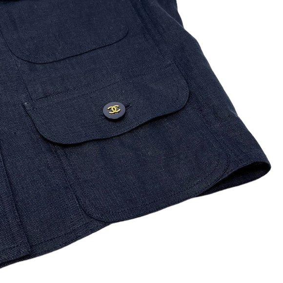 CHANEL Vintage CC Mark Button Linen Jacket Skirt Set #40 Dark Blue [102994] - Picture 9 of 12